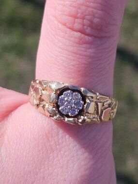 10K Yellow Gold Nugget Diamond Cluster Men's Band Ring 9mm Wide Size 11.5